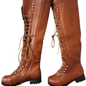 Women Thigh High Faux Leather Boots Size 6 Brown Tan